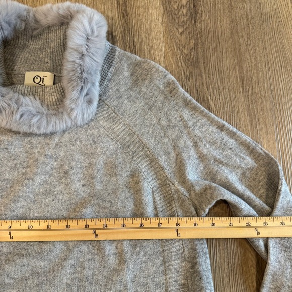QI Cashmere Sweater Real Rabbit Fur Trim Cowl Neck Light Gray Women's Large - Picture 6 of 8